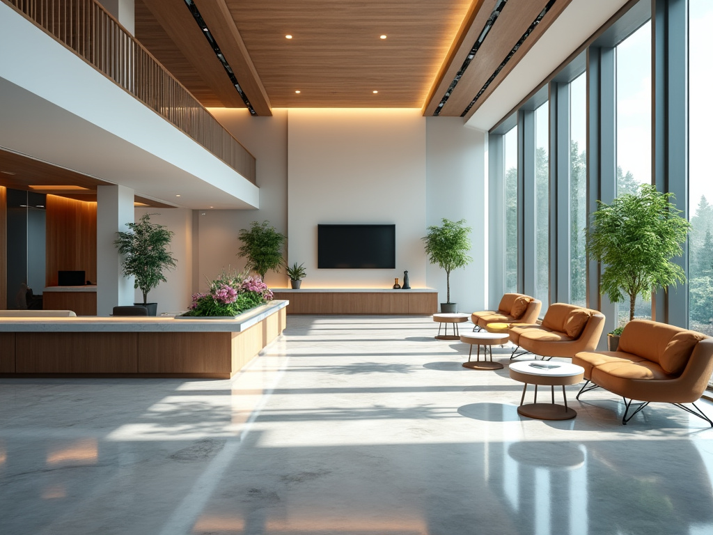 Moderno interior de oficina con muebles de diseño elegante, plantas decorativas y ventanas panorámicas que permiten la entrada de luz natural.