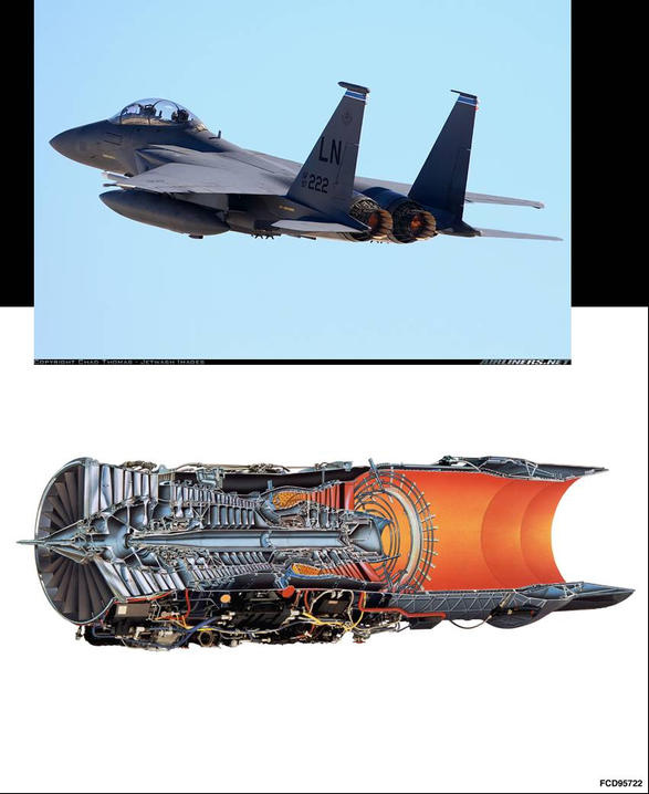 Photo of F-100 Engine Cutaway and an F-15 Fighter Jet