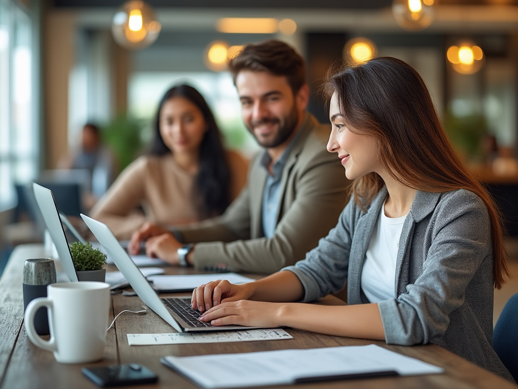 Tres personas jóvenes trabajando en sus portátiles en una oficina moderna con iluminación cálida.