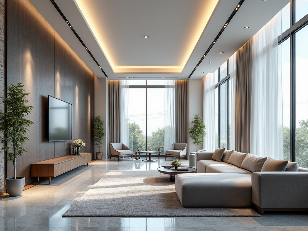 Sala de estar moderna con muebles elegantes, iluminación tenue, ventanales grandes y plantas decorativas.
