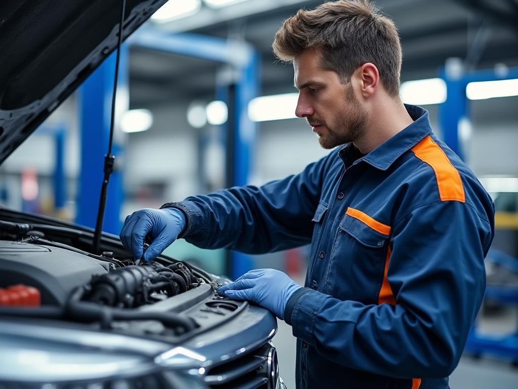 Mecánico revisando el motor de un automóvil en un taller, vistiendo uniforme azul con detalles naranjas y guantes.