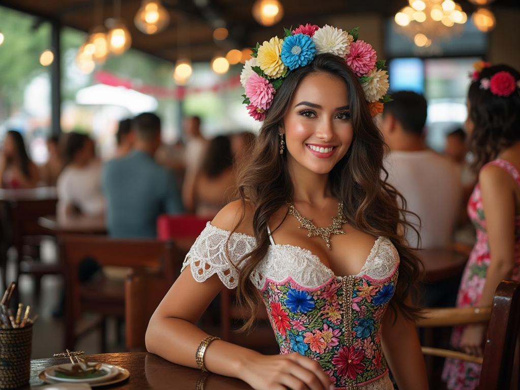 Mujer sonriente con vestido colorido y corona de flores, sentada en un restaurante iluminado con luces colgantes.