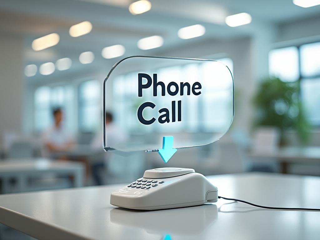 Retro-style phone on office desk with 'Phone Call' text floating above.