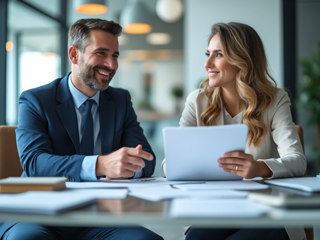 Business professionals discussing documents in a modern office setting.