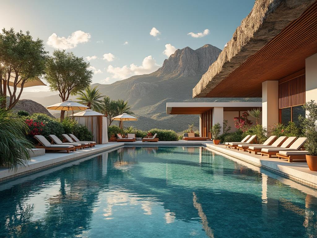 Luxury resort swimming pool with sun loungers, umbrellas, lush gardens, and mountain views at sunset Luxury resort swimming pool with sun loungers, umbrellas, lush gardens, and mountain views at sunset