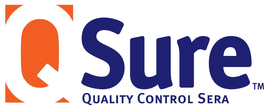 Logotipo de QSure con texto 'Quality Control Sera' en letras azules y fondo blanco.