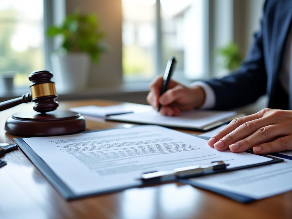 Persona firmando documentos legales en una oficina con un mazo de juez sobre la mesa.