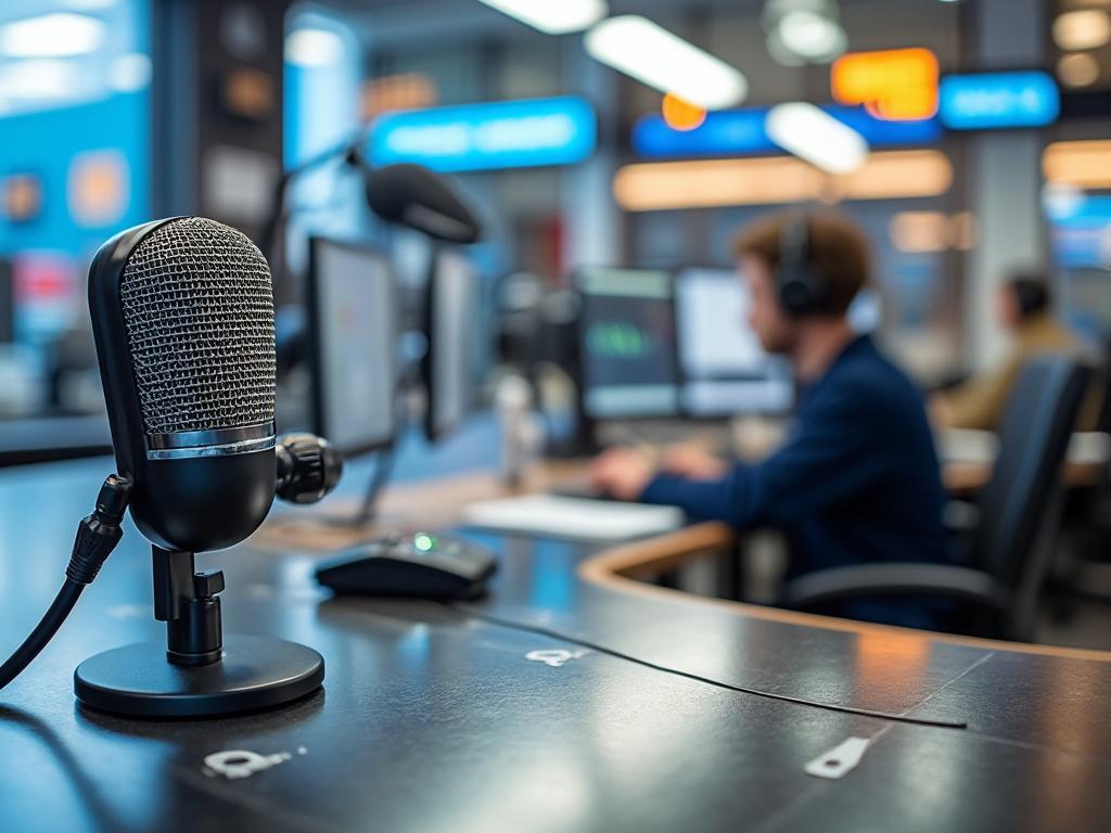 Micrófono en primer plano en un estudio de radio con personas trabajando en computadoras de fondo.