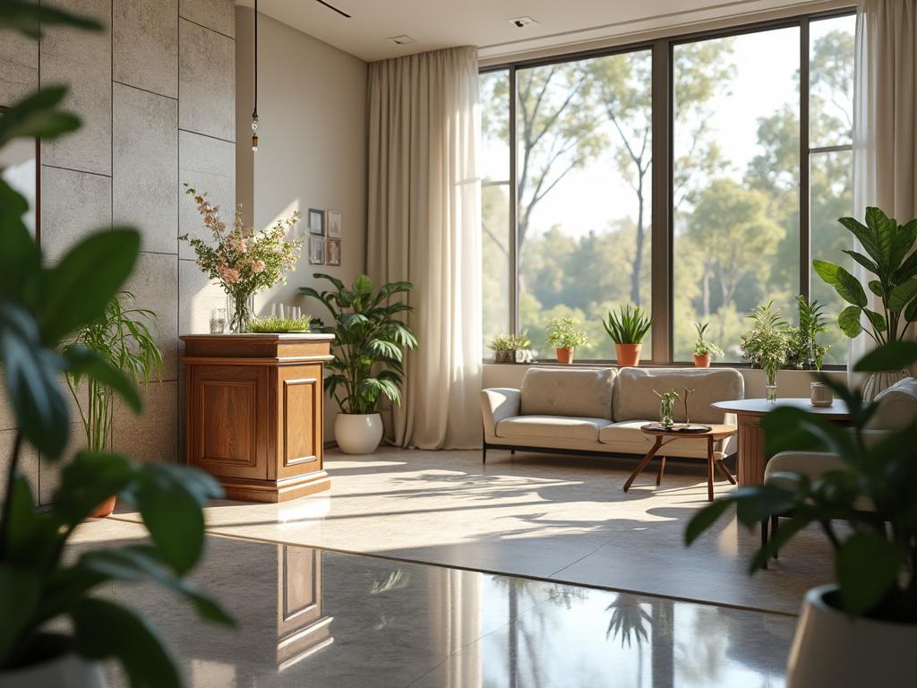Sala de estar moderna con plantas, sofá beige, mesa de madera oscura y grandes ventanales que ofrecen vista al jardín.