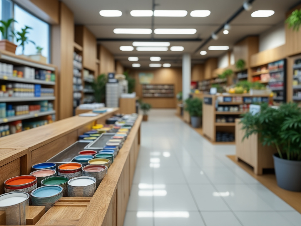 Interior de tienda de arte con estantes de pinceles y latas de pintura en colores vibrantes, plantas decorativas y espacio bien iluminado.