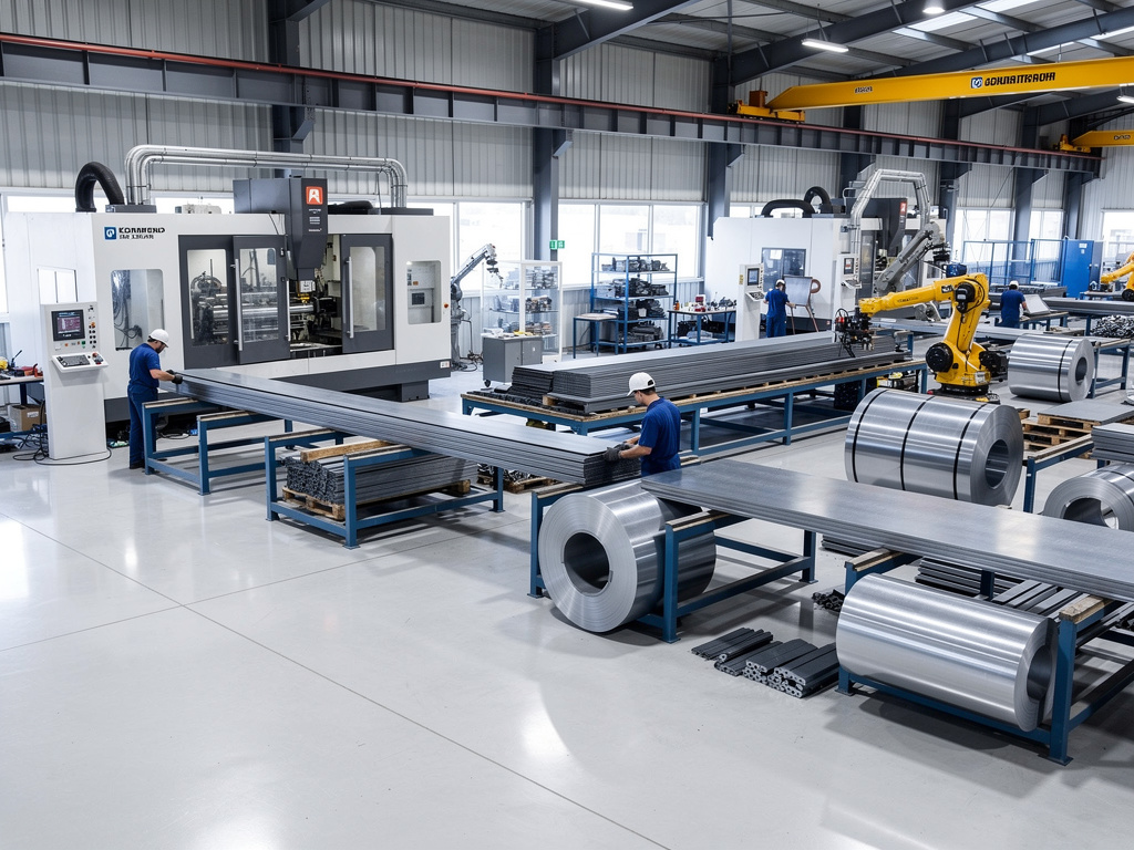 Fábrica metalúrgica moderna con trabajadores, maquinaria CNC, brazo robótico y bobinas de acero procesando perfiles metálicos