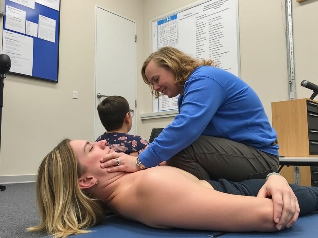 Person in blue shirt assessing neck posture of person lying on back in clinical room, with medical charts on walls.