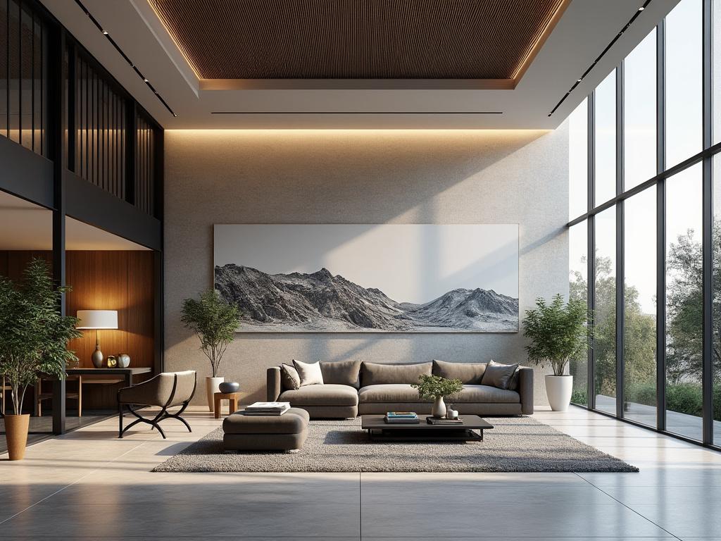 Moderno salón con muebles elegantes, gran ventanal, sofá gris, alfombra y plantas decorativas.