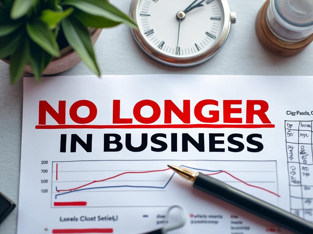 Document showing 'No Longer in Business' with graphs, clock, and plant on a desk.
