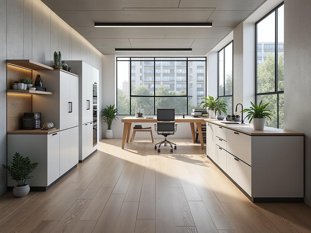 Oficina moderna con grandes ventanales, muebles de madera clara, plantas decorativas y vista urbana.