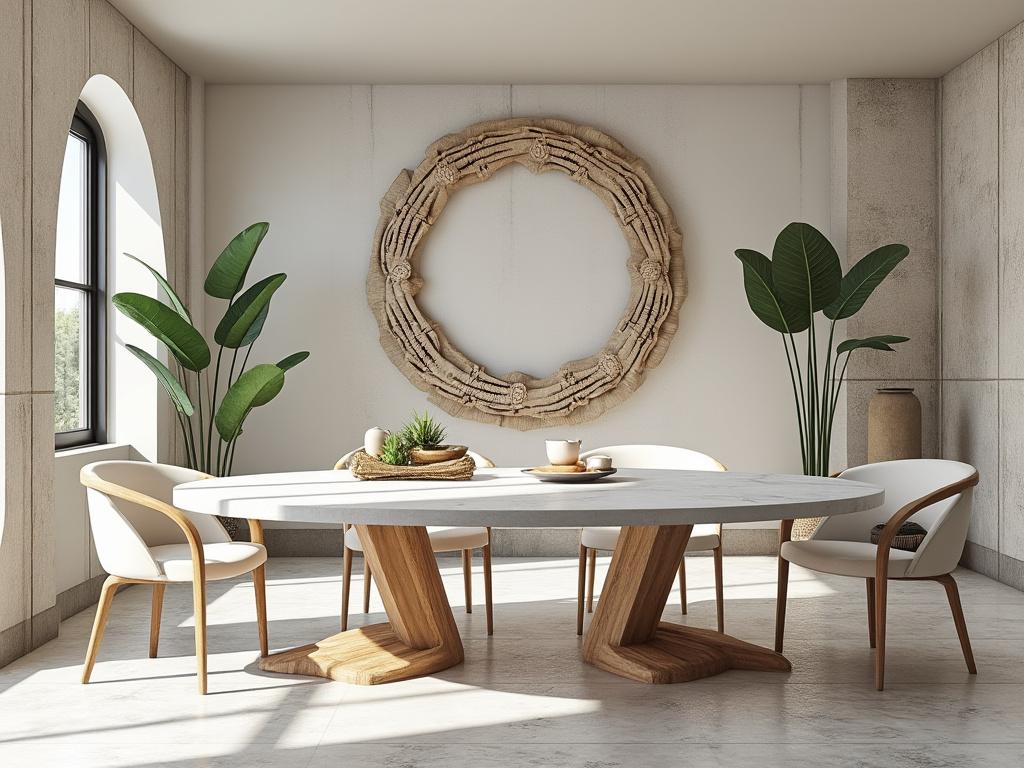 Modern dining room with an oval marble table, wooden chairs, decorative wreath on the wall, and potted green plants by a window, in a bright minimalist setting.