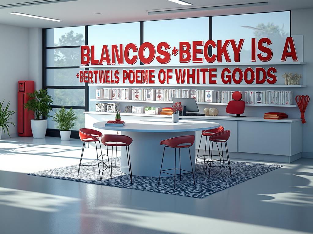 Interior de oficina moderna con muebles blancos y rojos, mesa redonda, sillas y plantas verdes, con frase destacada en la pared.