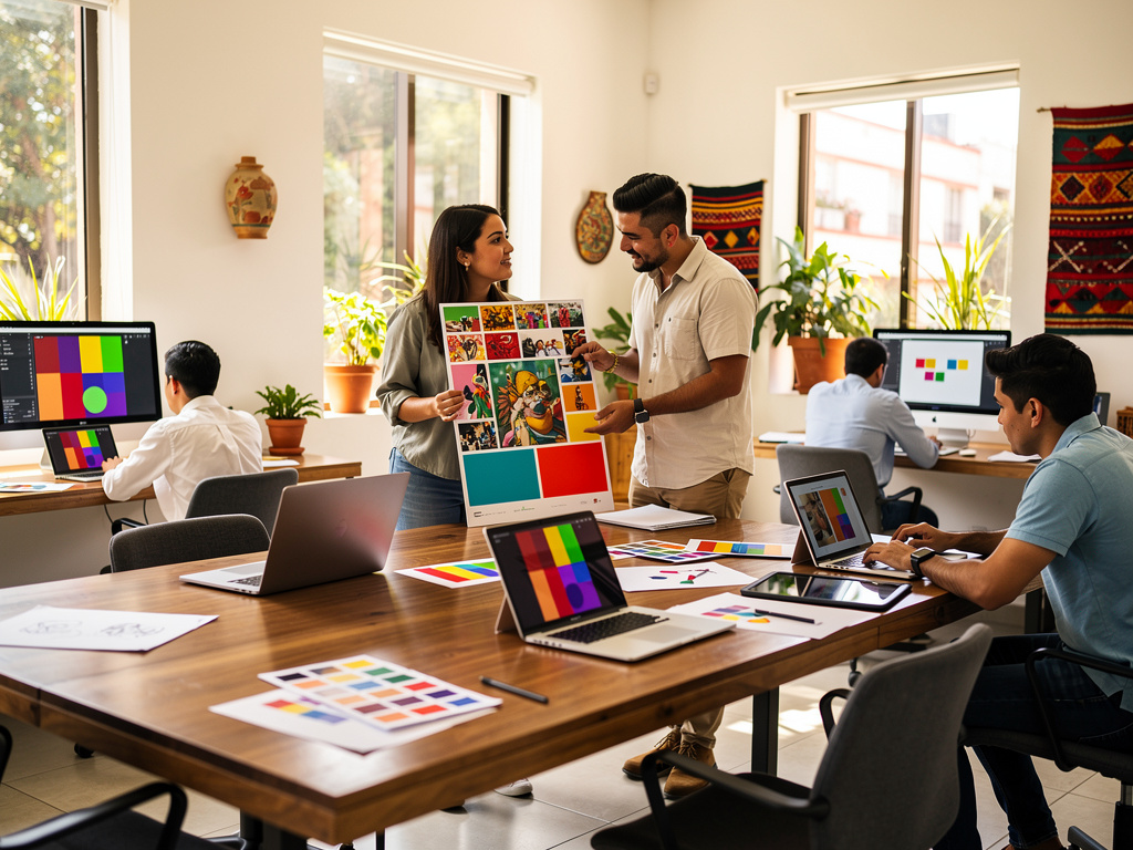 Equipo de diseño gráfico colaborando en oficina creativa con paletas de colores, computadoras y material visual