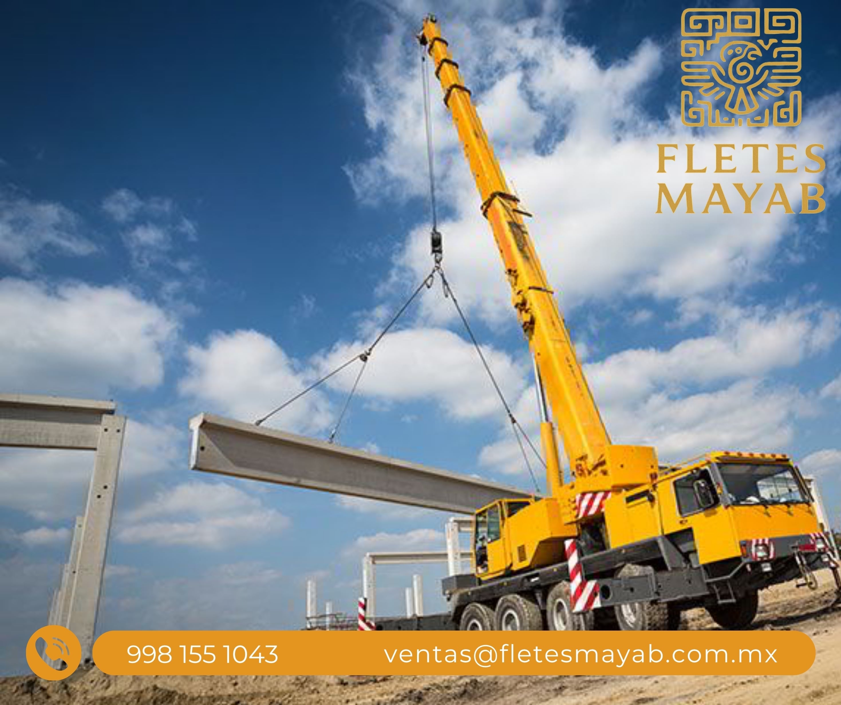 Grúa amarilla elevando viga de acero en obra de construcción, Fletes Mayab