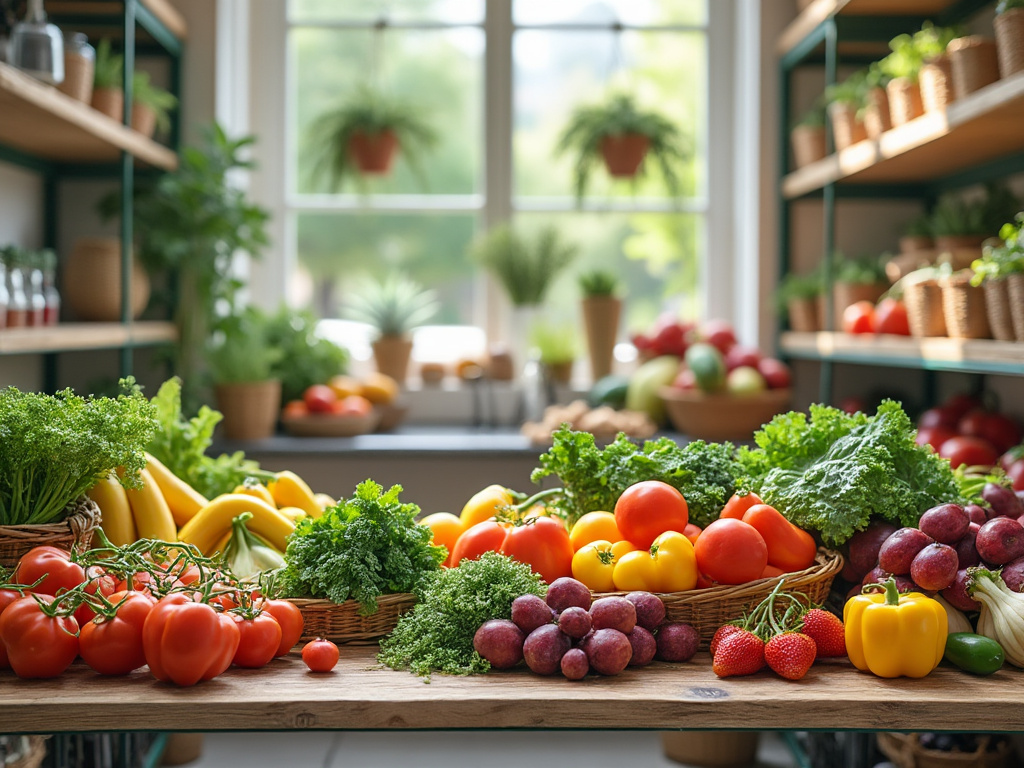 Variedad de verduras frescas en una mesa de cocina iluminada, con tomates, pimientos, fresas, y plantas en el fondo.