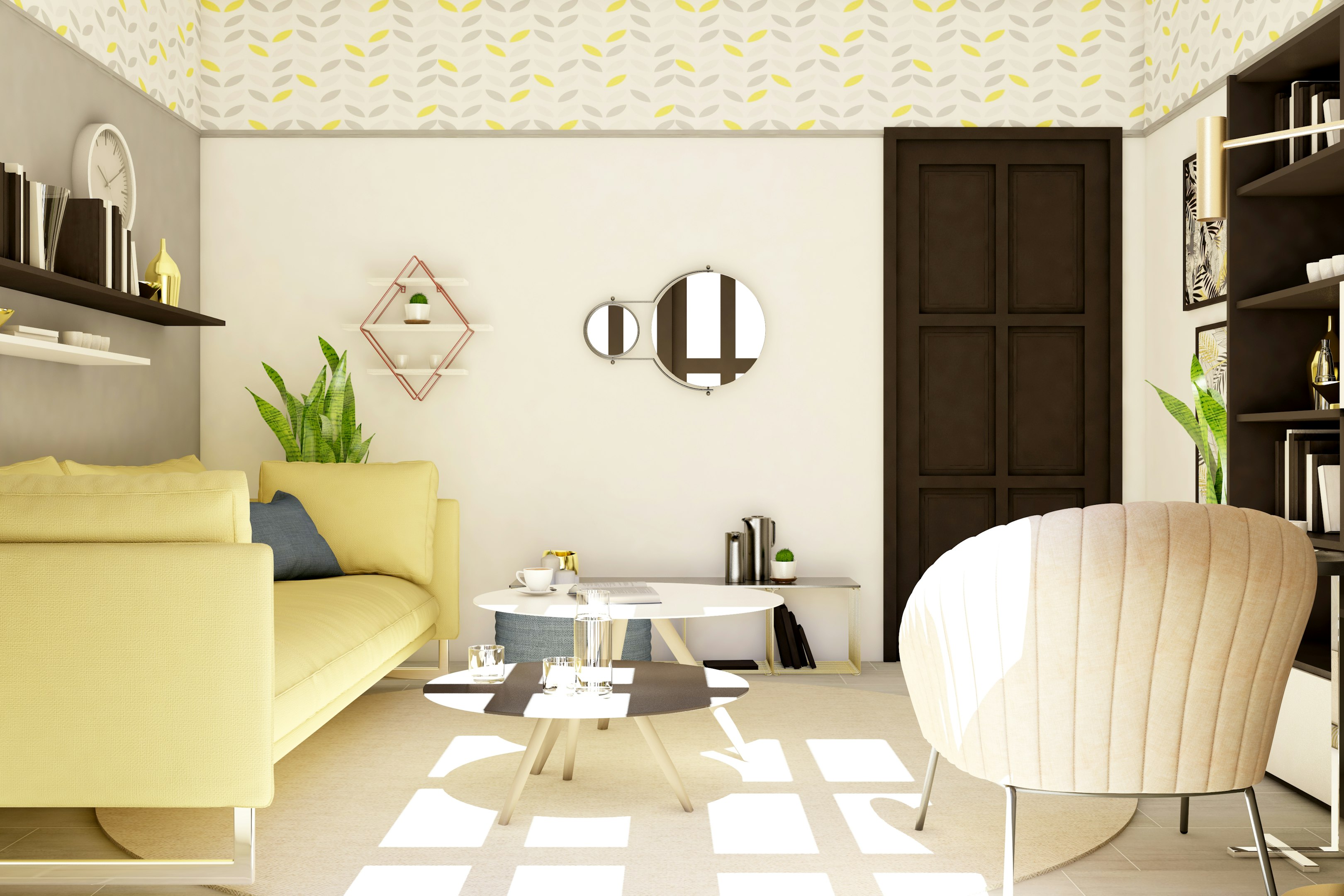 sofá blanco cerca de puerta de madera marrón