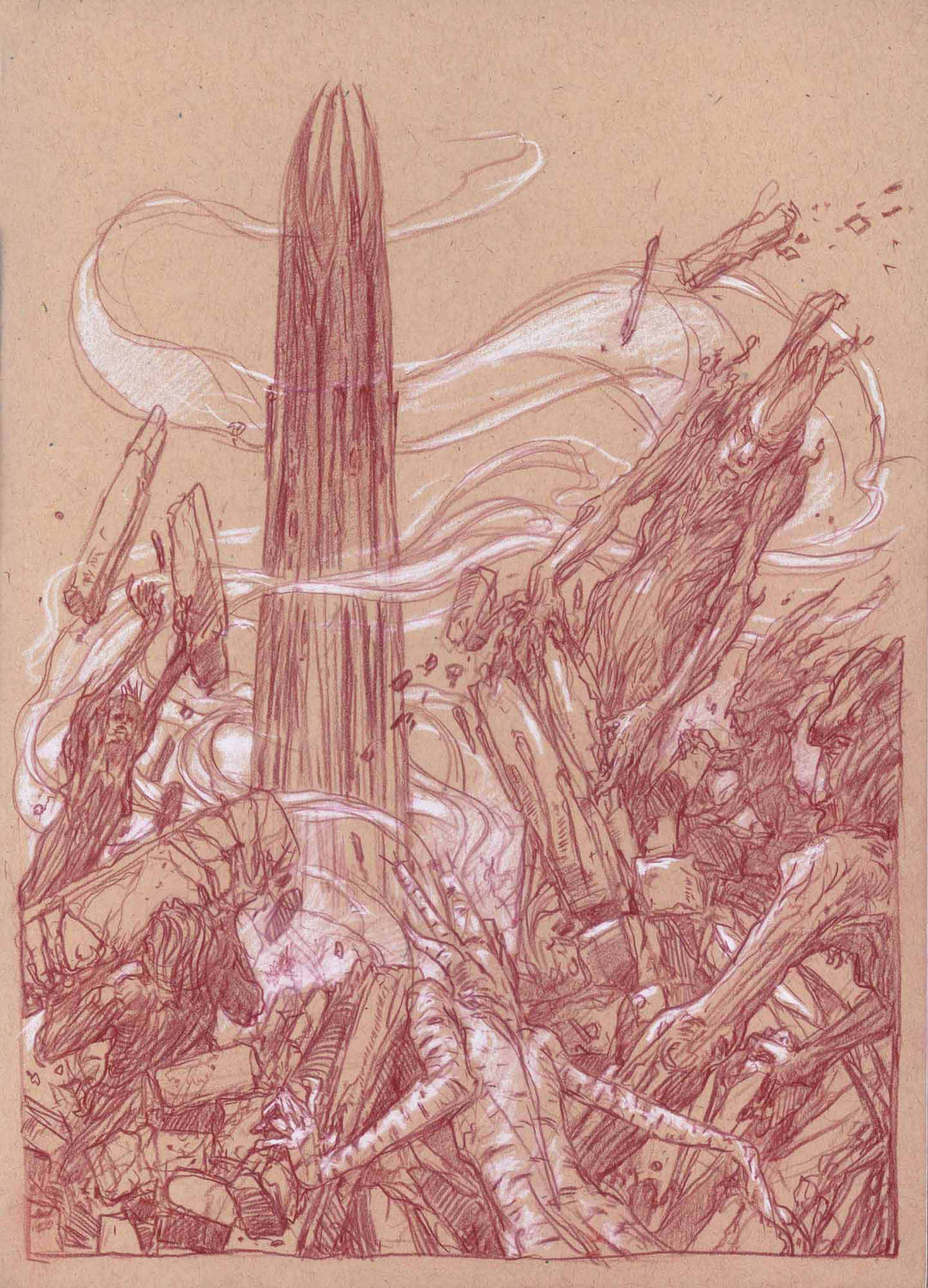 Ents Roused!
11" x 8"  Watercolor Pencil and Chalk on Toned paper 2012
private collection