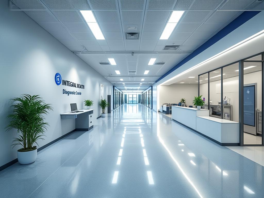 Pasillo moderno en un centro de diagnóstico médico con plantas decorativas y mostradores.