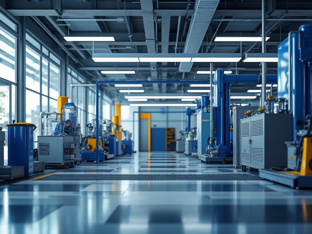Interior de una planta industrial moderna con maquinaria azul y amarilla, techos altos y suelos de baldosas.