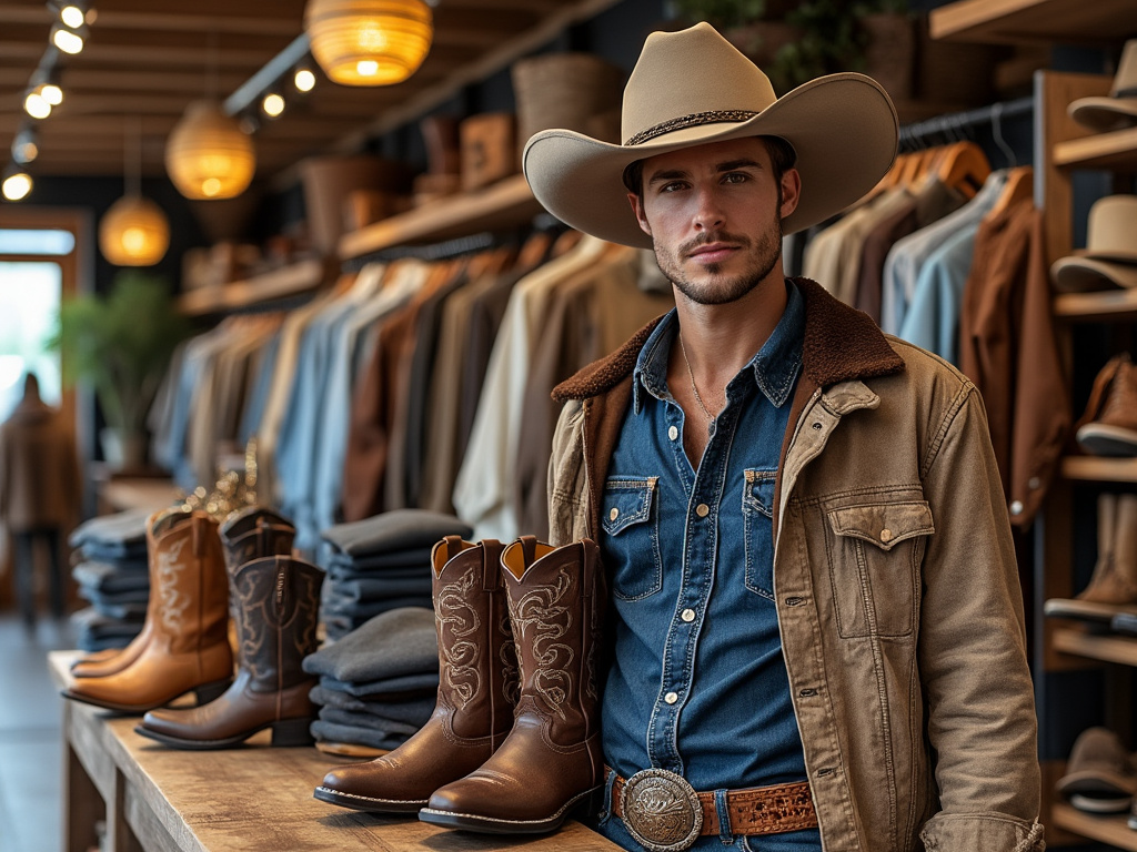 Hombre con sombrero vaquero y chaqueta marrón en una tienda de ropa, rodeado de camisas y botas cowboy.