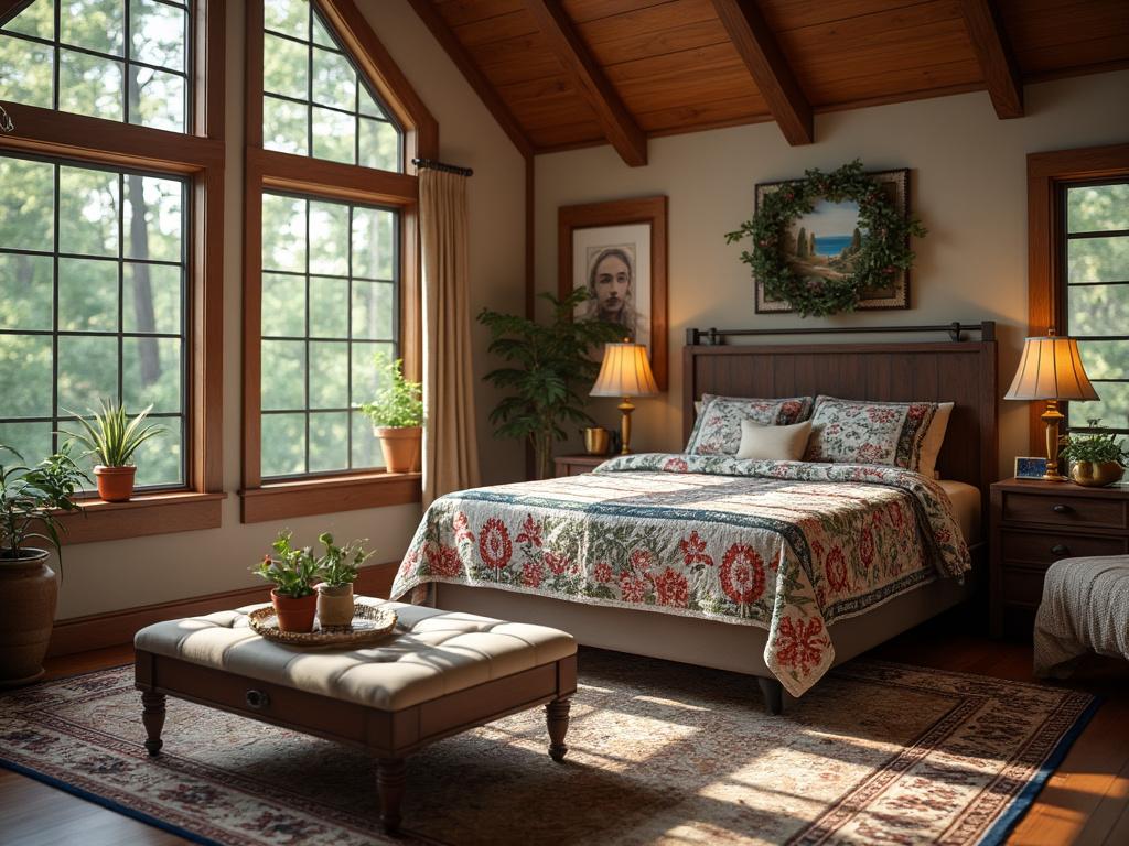 Cozy bedroom with large windows, a floral quilt on the bed, warm lighting from table lamps, and potted plants in a serene natural setting.
