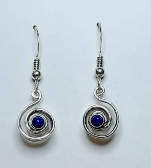JE006-LC TAPERED OPEN SPIRAL EARRINGS Sterling Silver with Lapis Cabochons