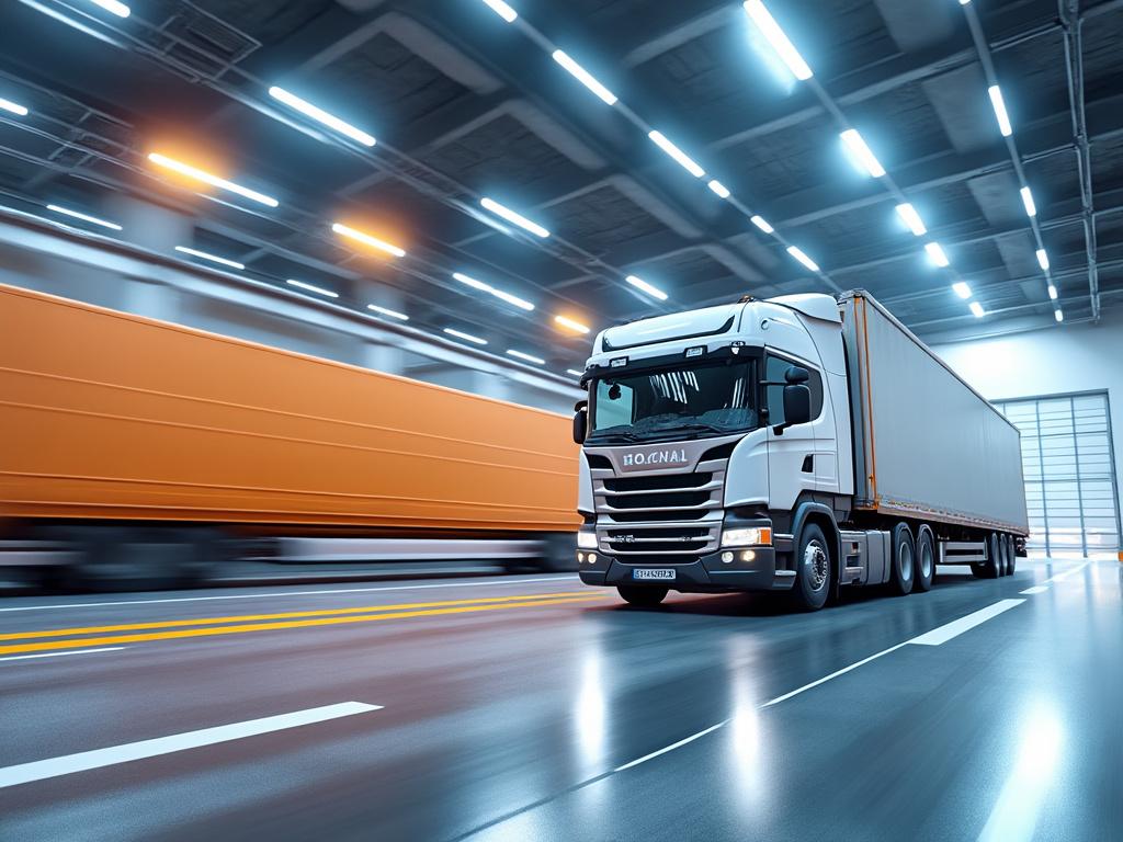 Camión blanco de carga en movimiento en un túnel iluminado, con luces brillantes y otro camión naranja en el carril adyacente.