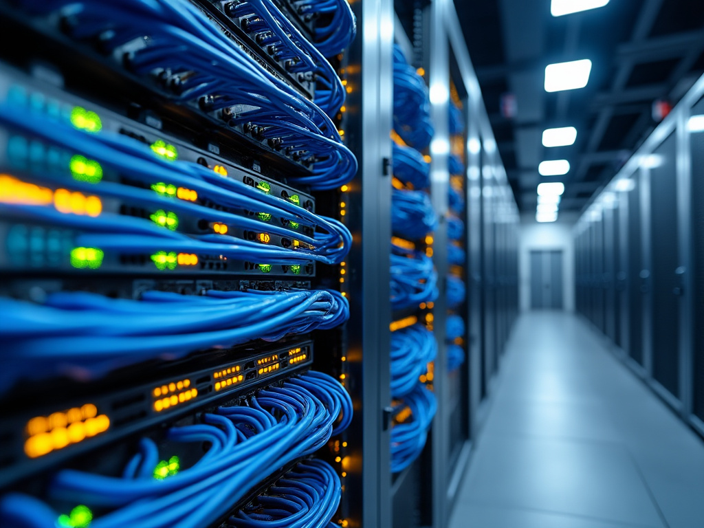 Close-up view of blue network cables connected to servers in a data center corridor.