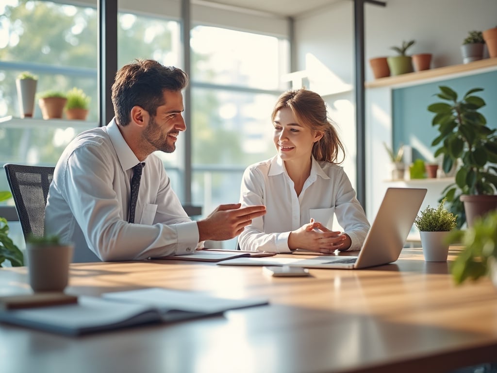 Dos personas en una oficina moderna, conversando y sonrientes, con una laptop y plantas alrededor.