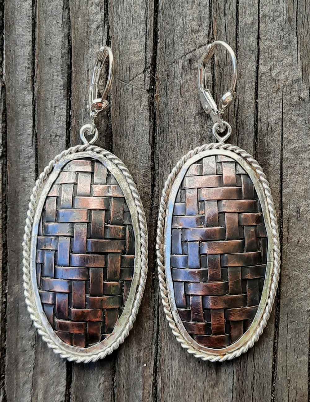 JE013 WOVEN EARRINGS #1 Woven Copper Oval Dome in Sterling with twist private collection