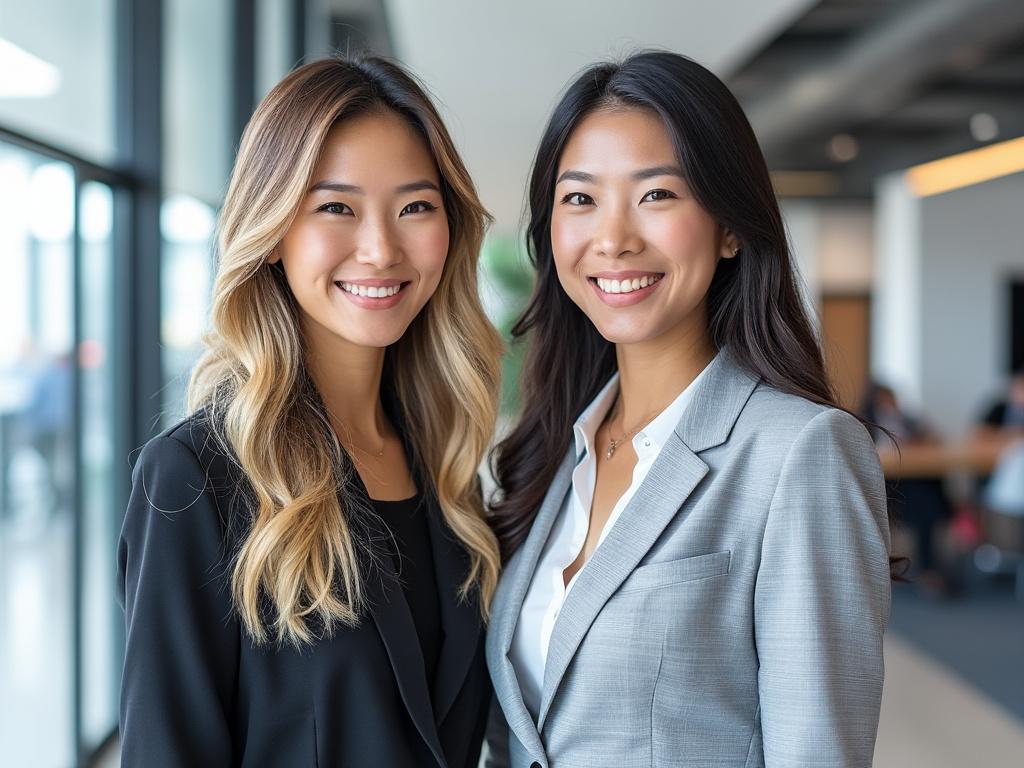 Dos mujeres sonrientes con trajes formales en una oficina moderna.