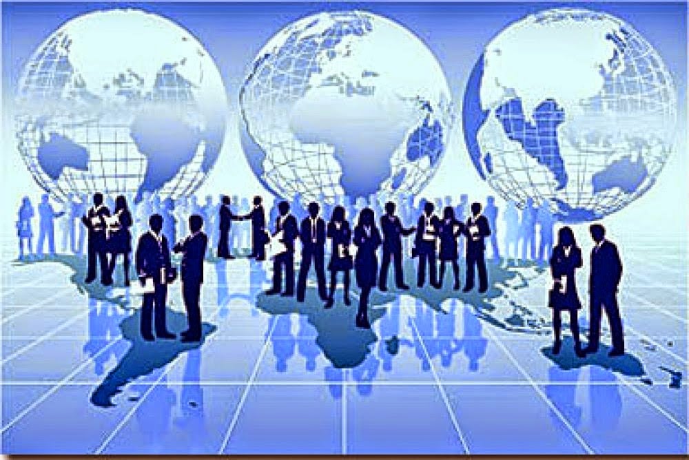 Silhouettes of business people networking in front of three large globe maps, reflecting global business connections. Silhouettes of business people networking in front of three large globe maps, reflecting global business connections.