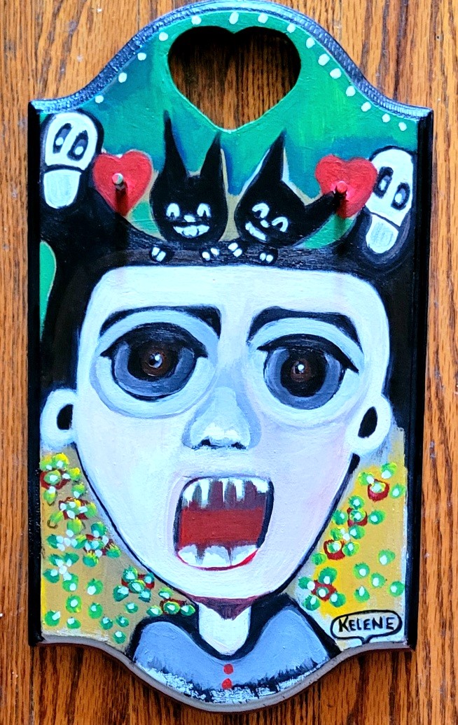 Title What's on my head? Acrylic on wood paneling. 10 x 15.  Able to hang on wall. Kelene 2024 $100.00