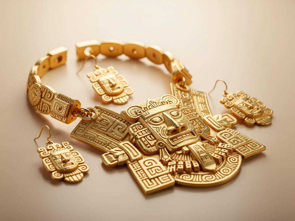 Joyas doradas de estilo azteca con collar y pendientes tallados sobre fondo beige