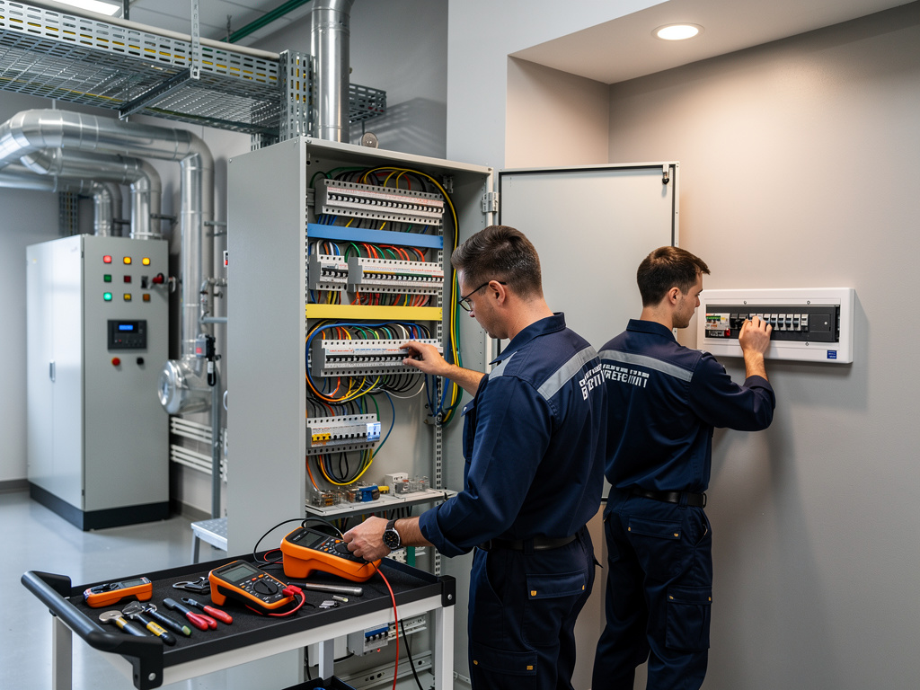Técnicos electricistas revisando cuadros eléctricos industriales con multímetros en sala de mantenimiento Técnicos electricistas revisando cuadros eléctricos industriales con multímetros en sala de mantenimiento