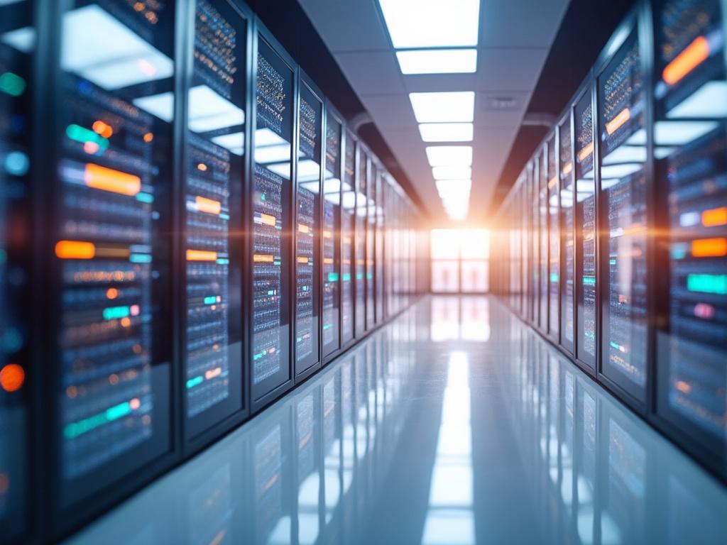 Modern data center hallway with rows of illuminated server racks and bright overhead lights.