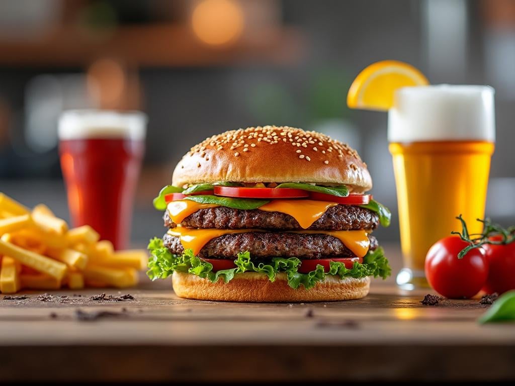 Hamburguesa doble con queso, lechuga, tomate y pepinillos en un pan de semillas de sésamo, acompañada de papas fritas y dos bebidas, una con rodaja de naranja.