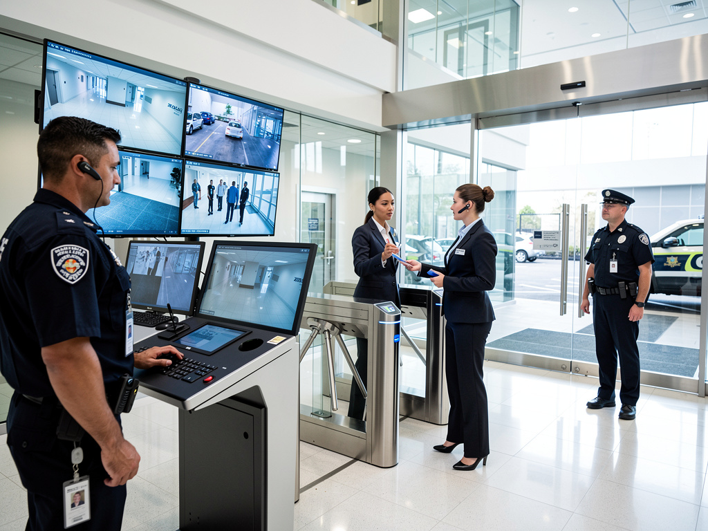 Personal de seguridad monitorea cámaras CCTV y controla acceso en recepción corporativa moderna Personal de seguridad monitorea cámaras CCTV y controla acceso en recepción corporativa moderna