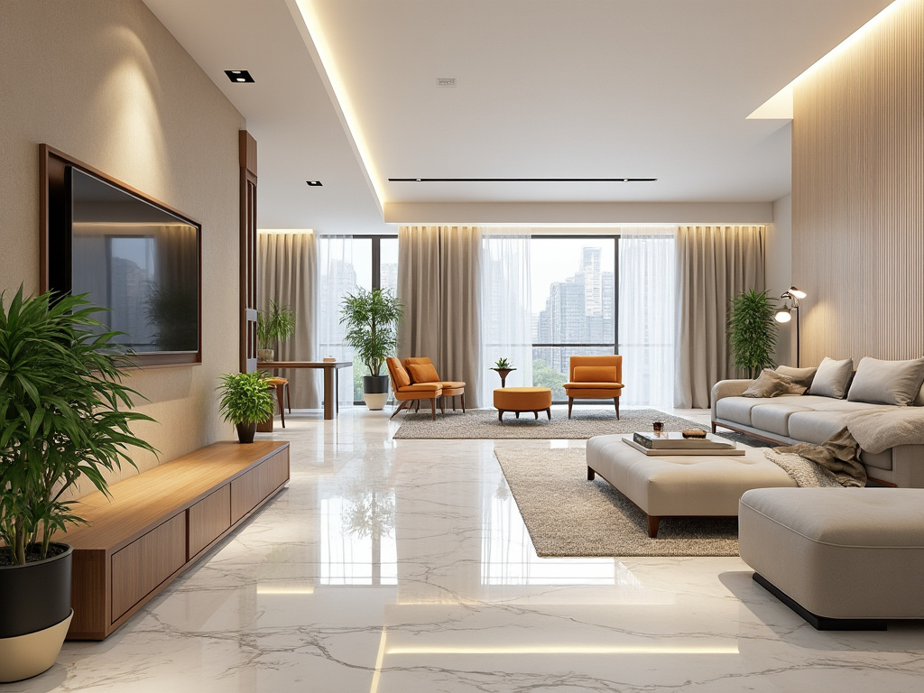 Sala de estar moderna y luminosa con sofá beige, TV de pared, plantas, ventanales panorámicos y suelo de mármol