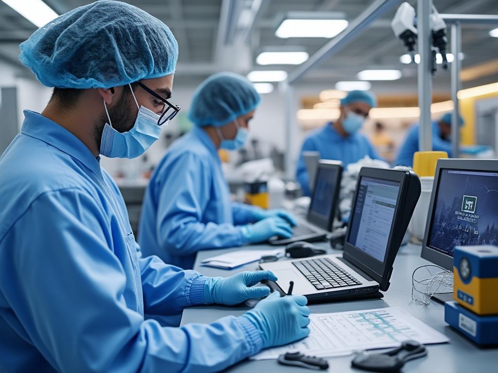 Trabajadores de laboratorio con equipo de protección, utilizando laptops en un entorno tecnológico moderno.