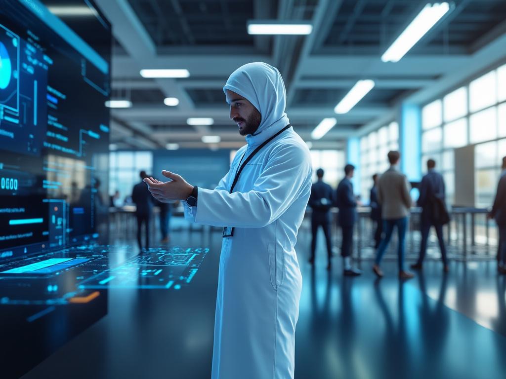 Hombre con gafas y túnica blanca interactuando con pantalla holográfica en oficina moderna.