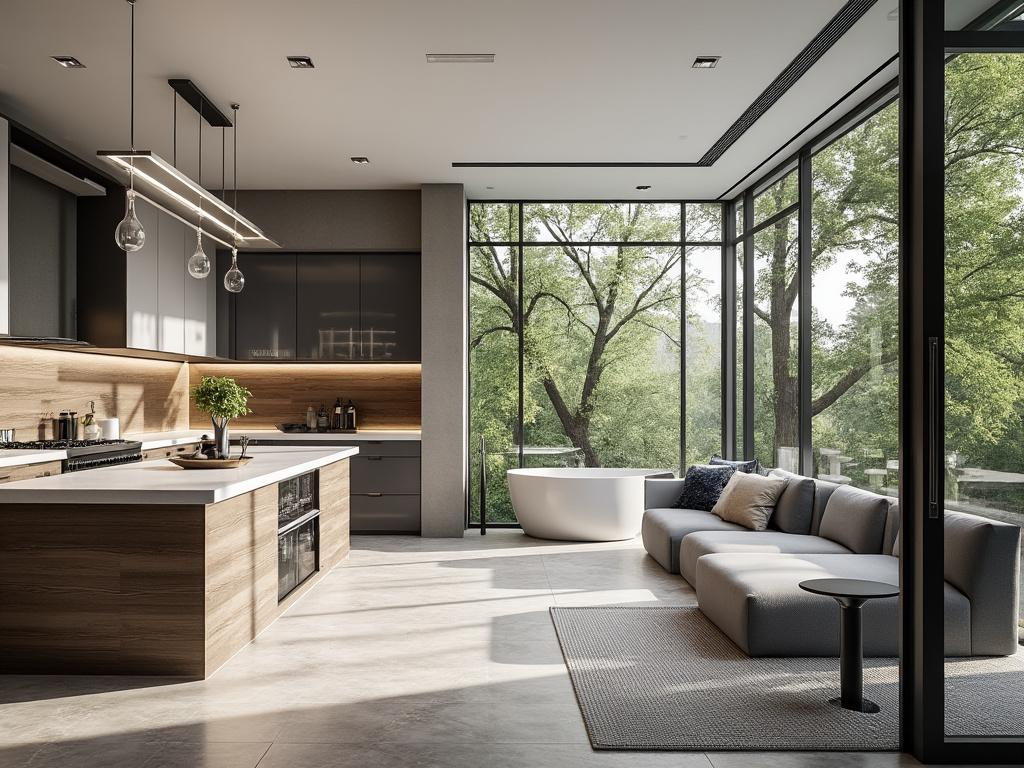 Modern open-concept kitchen and living room with large windows, minimalistic furniture, and a view of green trees.