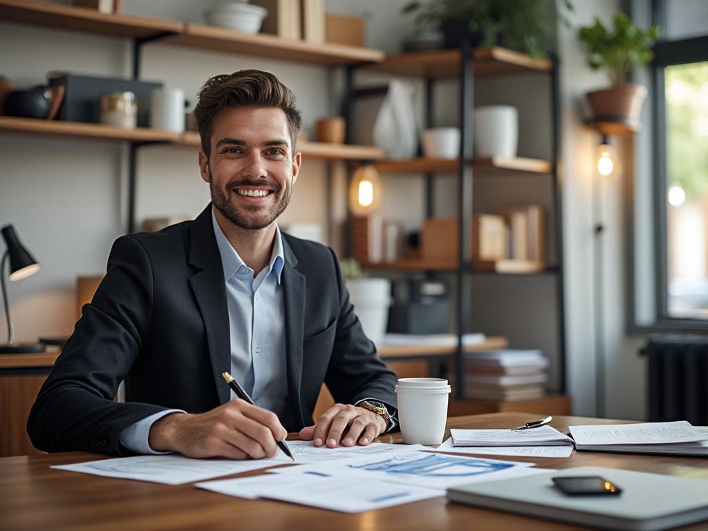 Businessman smiling while working at a desk, dressed in a suit, with papers and a coffee cup, in a modern office setting.