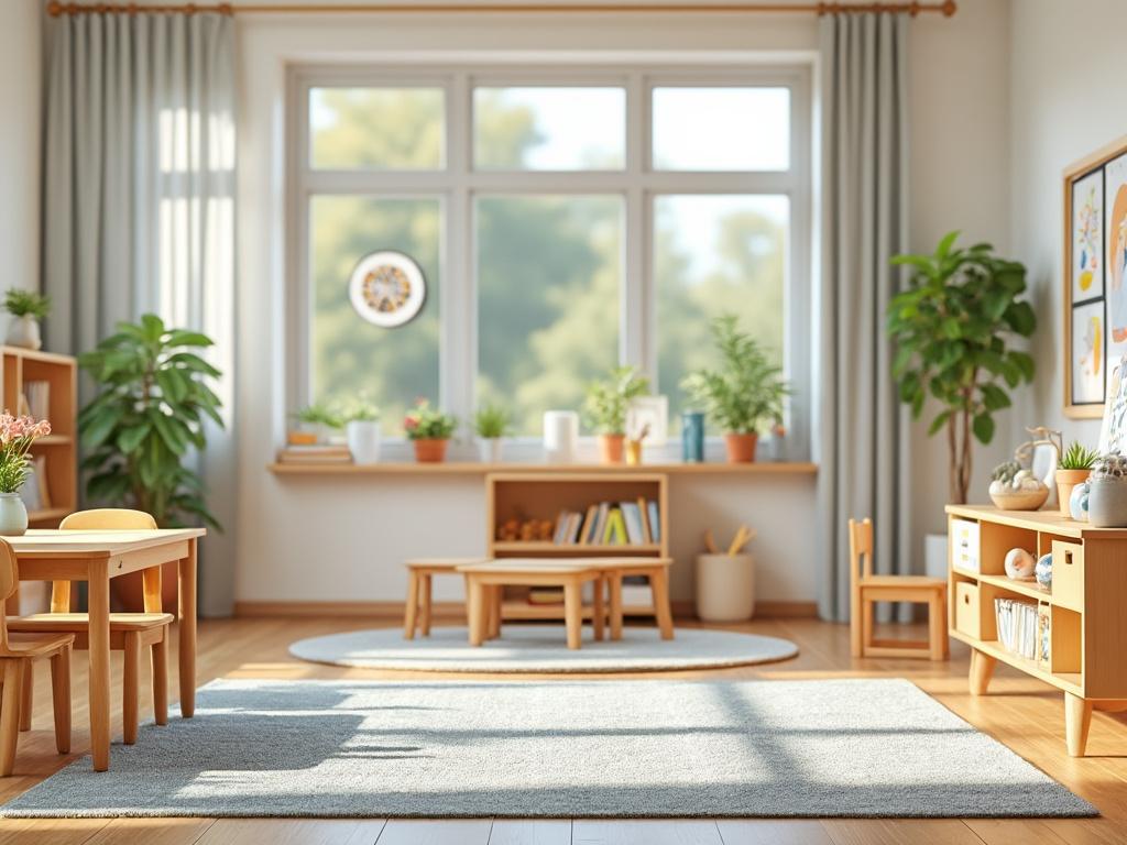 Sala de juegos infantil luminosa con muebles de madera, plantas en macetas y mesas pequeñas.