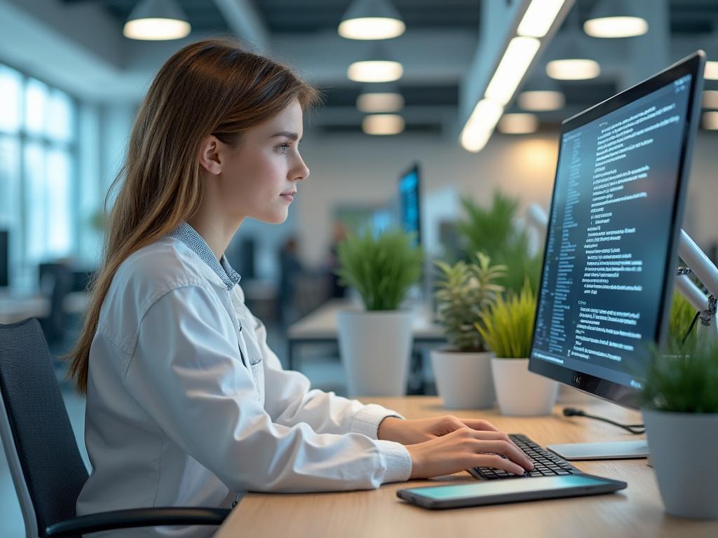 Joven programadora trabajando en una oficina moderna con plantas decorativas, frente a un monitor con líneas de código.
